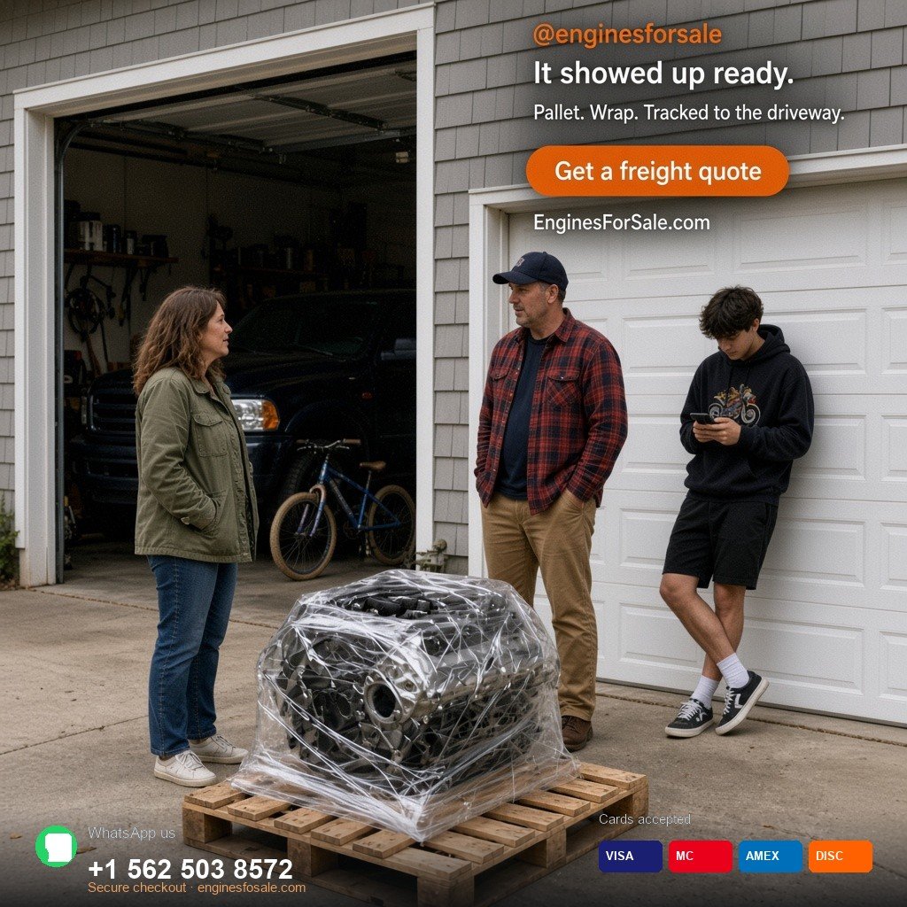 Family receiving a palletized engine in the driveway