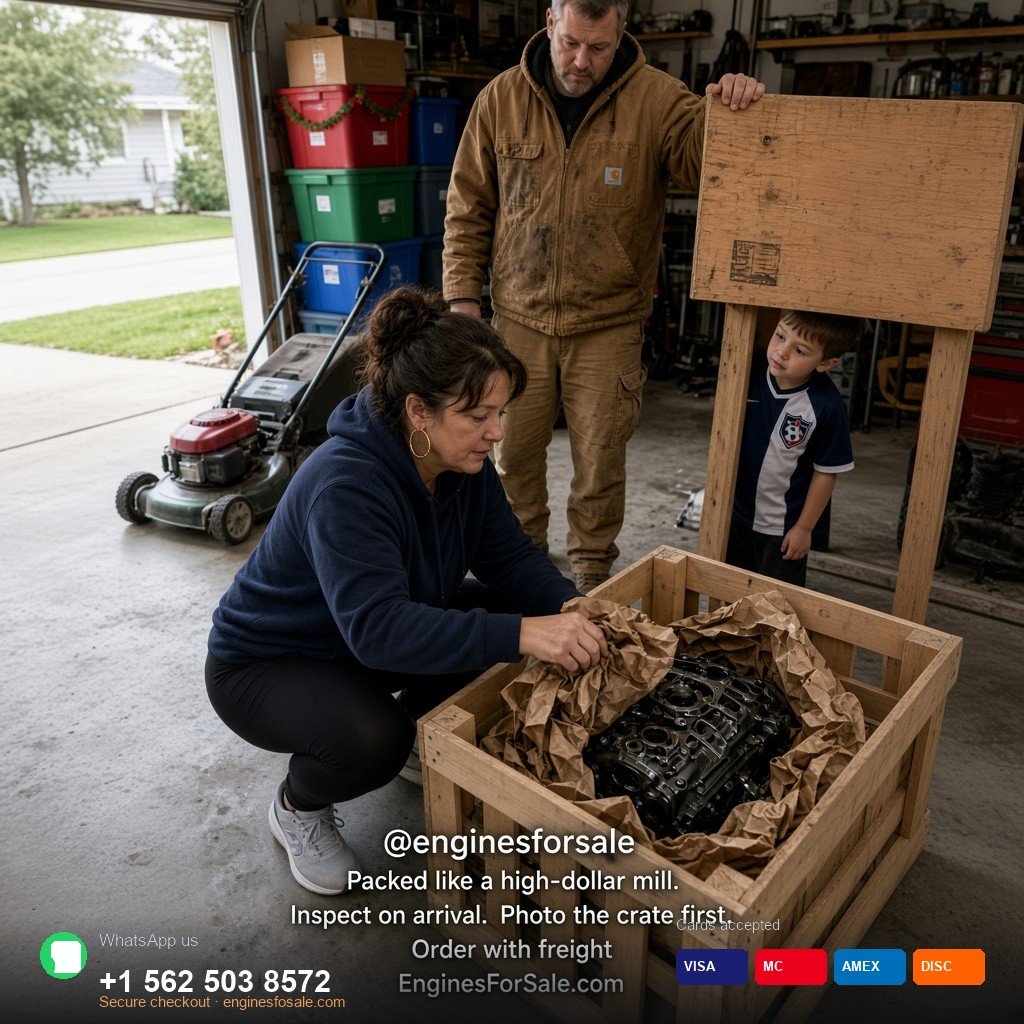 Parents and a child opening a wooden engine crate