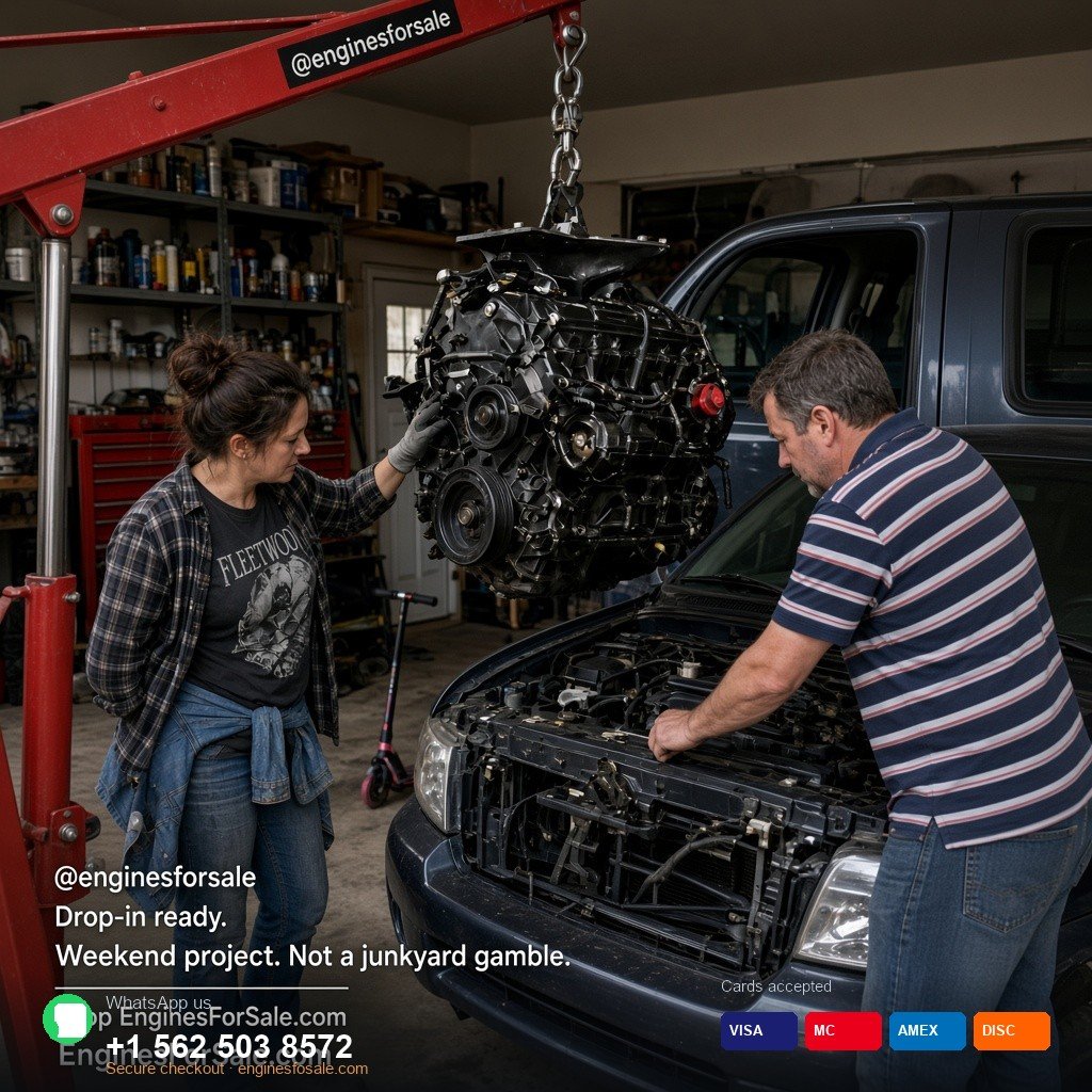 Couple lowering an engine into a pickup with a hoist