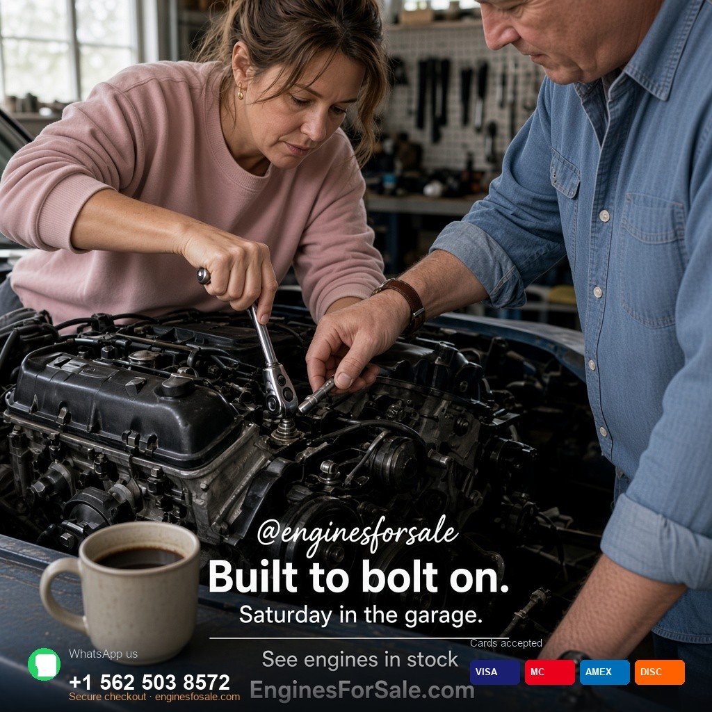 Two people assembling accessories on a reman engine