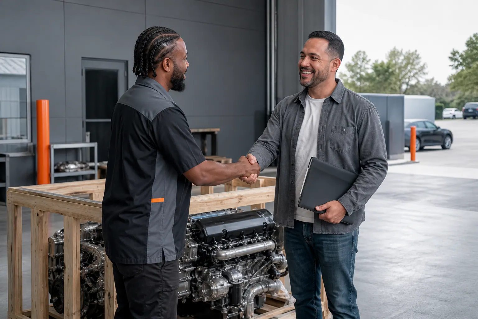 Customer and specialist completing an engine delivery handoff